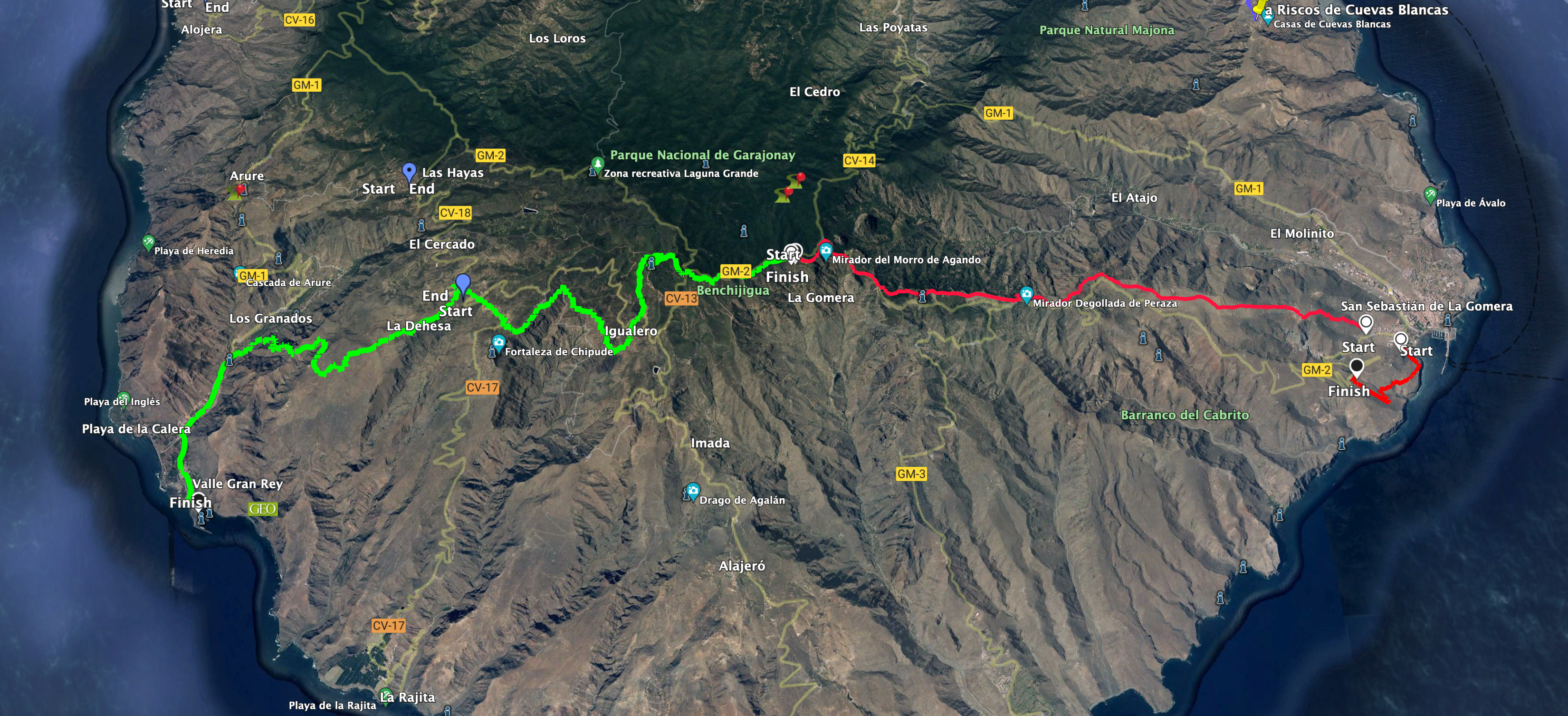 Track GR 131 - Teil 1 La Gomera San Sebastian bis über Los Roques (rot) Teil 2 über den GR 131 und den GR 132 ins Valle Gran Rey (grün)