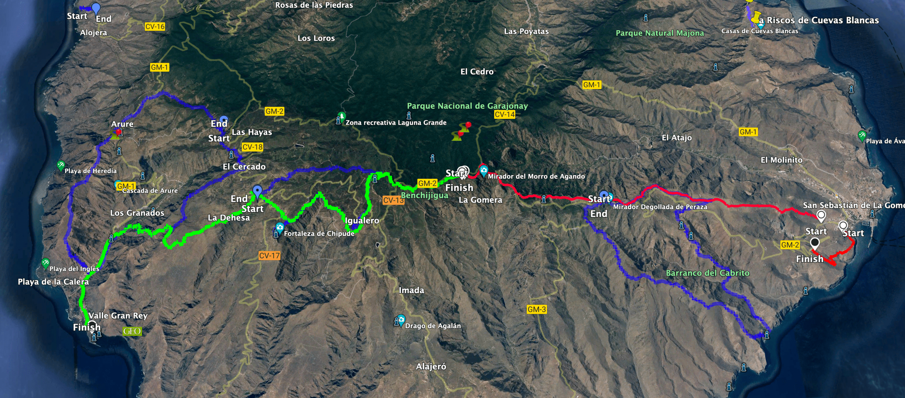 Track GR 131 - Teil 1 La Gomera San Sebastian bis über Los Roques (rot) Teil 2 über den GR 131 und den GR 132 ins Valle Gran Rey (grün) - andere Wanderungen, die die Strecke berühren (blau)