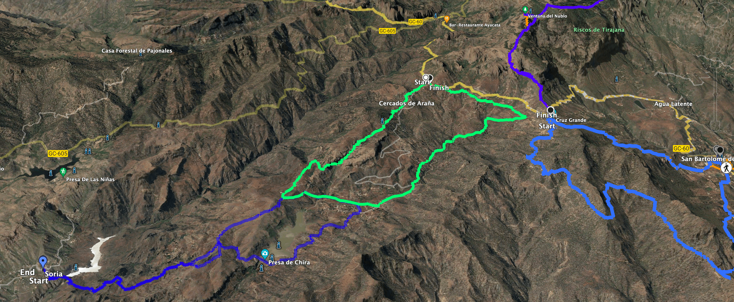 Track der Wanderung Cercados de Araña und benachbarte Tracks Presa de Chira und San Bartolomé (blau)