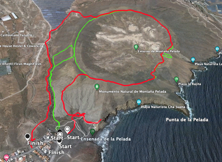 Track der Wanderung Montaña Pelada mit Aufstieg von vorn und Abstieg auf dem Wanderweg (rot)